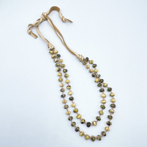 Vintage Handcrafted Beaded Necklace Yellow Green Ceramic Beads Leather Cord Adju - Picture 1 of 10